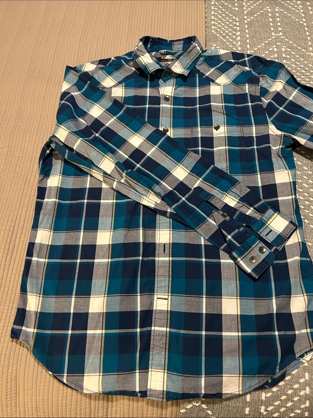 Express Blue and White Plaid Button-Down Shirt